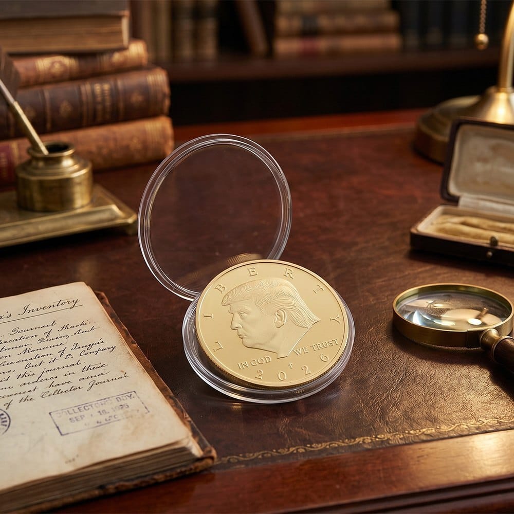 Trump Gold Liberty Coin 2026 in a protective capsule on a collector's desk
