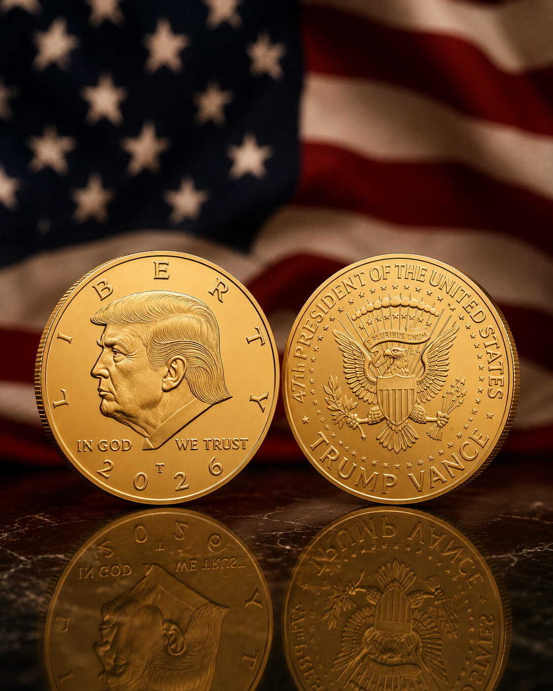 Trump Gold Liberty Coin 2026 both sides reflected on marble in front of an American flag
