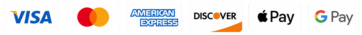 Visa, Mastercard, American Express, Discover, Apple Pay and Google Pay accepted